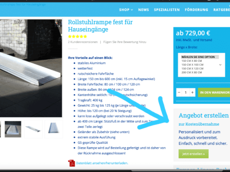 Ausschnitt der Webseite barrierefrei.de mit einem Pfeil zum Button zum Download des Vordruckes für die Kostenübernahme
