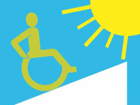 Grafische Darstellung eines Rollstuhlfahrers auf einer Rampe bei Sonnenschein