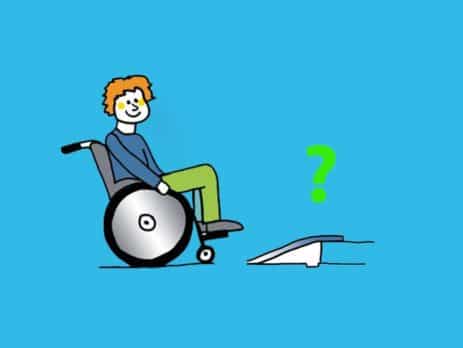 Rollstuhlfahrer vor Rampe mit Fragezeichen