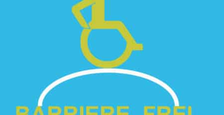 Grafik: Rollstuhlfahrer fährt über einen Bogen, der die Worte Barriere und Frei verbindet.