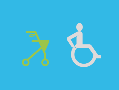 Grafik: Links Rollator, rechts Rollstuhl