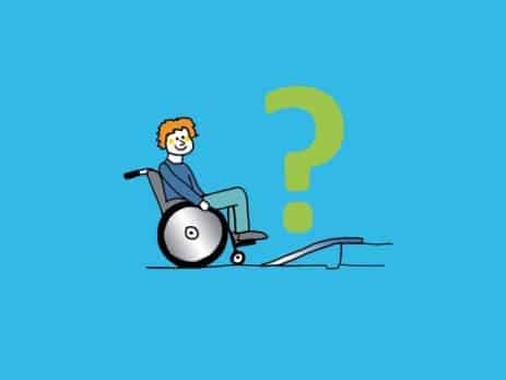 Grafik: Person vor Rollstuhlrampe mit Fragezeichen.