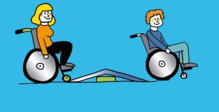 Zwei Rollstuhlfahrer vor und hinter einer Schwellenrampe