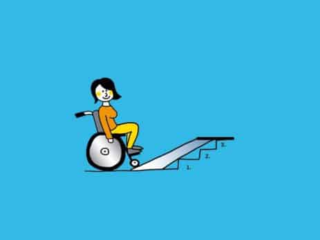 Grafik: Rollstuhlfahrer mit Rampe für drei Stufen