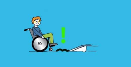 Grafik: Rollstuhlfahrer vor Rampe mit unebenem Untergrund
