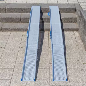 Zwei Rollstuhlampen Schienen für Rollstühle sind nebeneinander auf Steinstufen im Außenbereich angebracht und ermöglichen den Zugang für Rollstuhlfahrer über die Treppen.