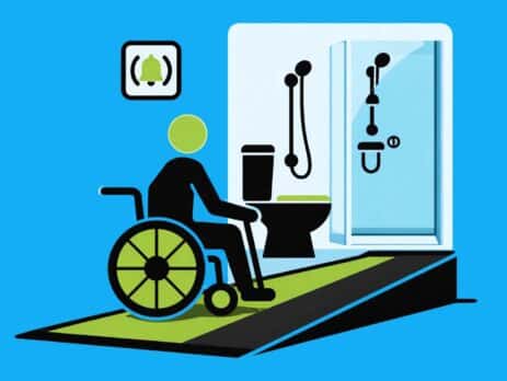 Grafik zeigt Rollstuhlfahrer auf Rampe vor barrierefreiem Badezimmer mit Haltegriffen, Toilette und Notrufsystem – Symbol für Zuschuss Badumbau bei Schwerbehinderung.