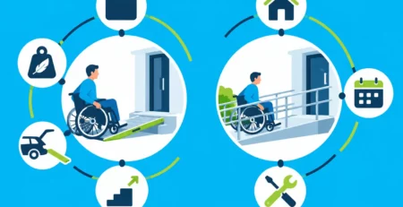 Mobile und feste Rollstuhlrampe im Vergleich: mobile Rampe an einem Hauseingang und fest installierte Rampe mit Handlauf